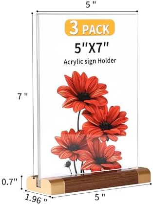 LIANHELILAI Acrylic Sign Holder 5" x 7" with Wood-Color Base, Tabletop Double-Sided Display Sign Frame Vertical Clear for Store/Coffee Shop/Restaurant Menu Hotel Display Board, 3 Pack T Shape