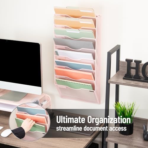 Mind Reader Wall File Organizer, 8 Pocket Hanging Document Rack, Office Wall Mount, Metal Mesh, Pink