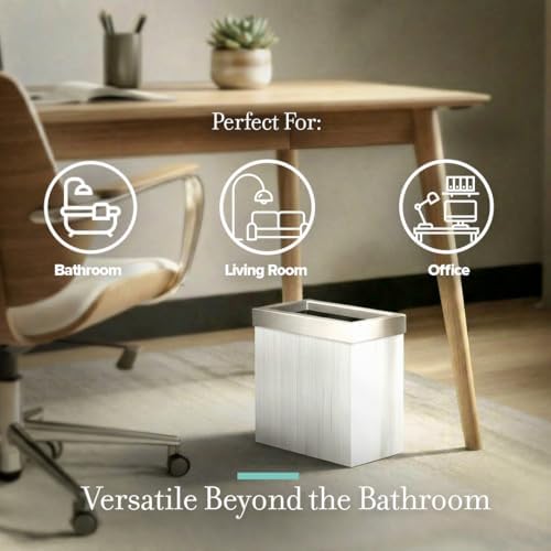 Gatco Small Bathroom Trash Can with Lid, Rectangle 3 Gallon Wastebasket, Under Sink, White Oak with Satin Nickel, for Bathroom, Bedroom, Office (1943SN)