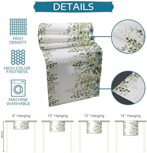 Green Eucalyptus Leaf Table Runner Dresser Scarf 13 x 120 Inch Farm Sage Green Orange Leaves Branch Table Runners Non-Slip Heat Kitchen Dining Tabletop Cover for Indoor Outdoor Home Party Decoration