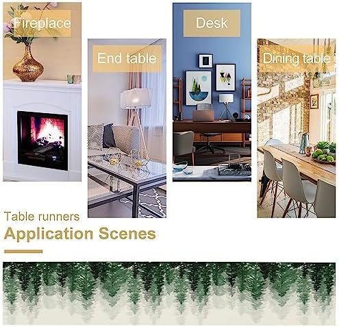 Green Forest Pine Trees Table Runner, Woodland Tabletop Scarf Home Kitchen Holiday Decor, Seasonal Farmhouse Rustic Dining Decorations Party Supply 13 X 70 Inch