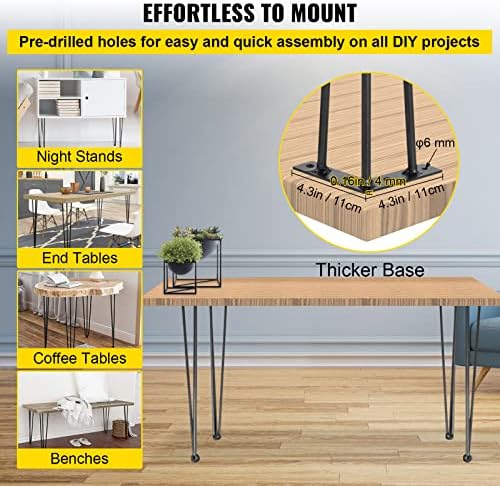 VEVOR Hairpin Table Legs 22" Black Set of 4 Desk Legs 880lbs Total Load Capacity Hairpin Desk Legs 3 Rods for Bench Desk Dining End Table Chairs Carbon Steel DIY Heavy Duty Furniture Legs