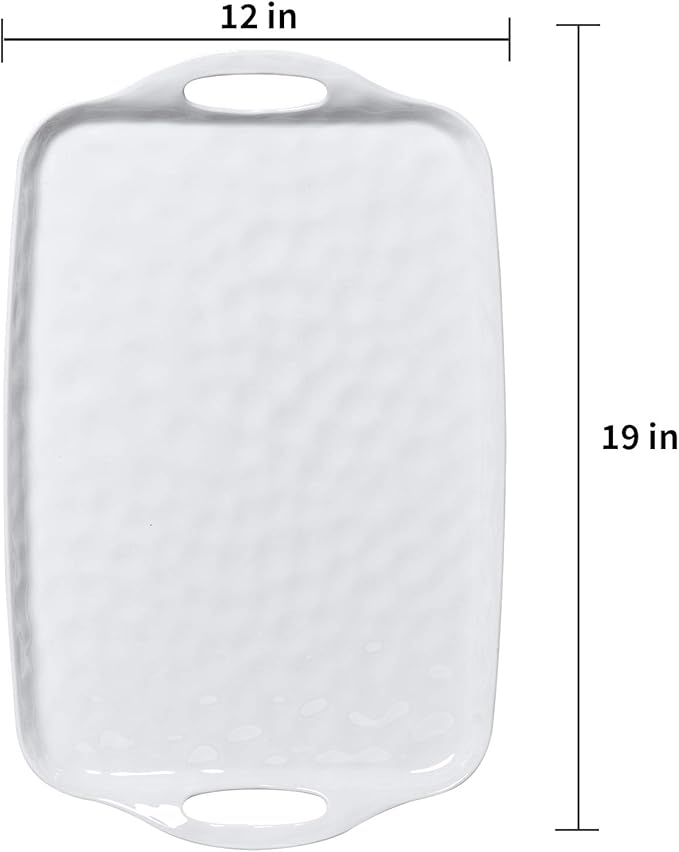TP Serving Tray with Handles, Large Rectangle Melamine Serving Platter Set of 2, Pure White (19” x 12”)