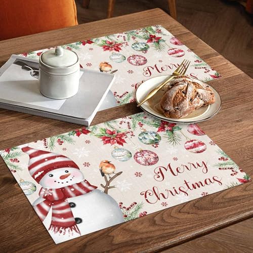 Merry Christmas Placemats Set of 6, Cotton Linen Snowman Table Mats Non-Slip Washable Snowflake Christmas Tree Balls Poinsettia Flower Retro Placemat for Holiday Banquet Dining Kitchen Table Decor