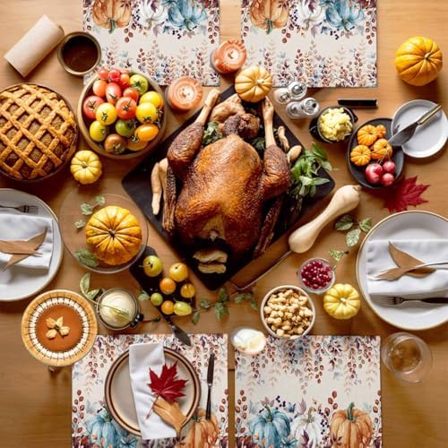 Fall Thanksgiving Placemats Set of 6, Watercolor Autumn Pumpkins Eucalyptus Leaves Heat Resistant Washable Linen Table Place Mats Party Holiday Decor for Home Kitchen Dining Outdoor Indoor,Blue Orange