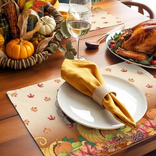 Vandarllin Thanksgiving Turkey Placemats Set of 6, Fall Leaf Autumn Harvest Pumpkin Cotton Linen Stain Resistant Table Mats Washable Placemat Decoration for Kitchen Dining Table,Yellow