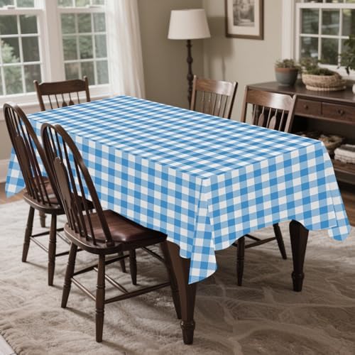 CXPSINC 54 Inch X 100 Feet Plastic Table Cover Roll Disposable Tablecloth with Slide Cutter for All Type/Shape Tables | Party, Banquet, Birthdays, Weddings(Blue Checkered, 100 Feet)