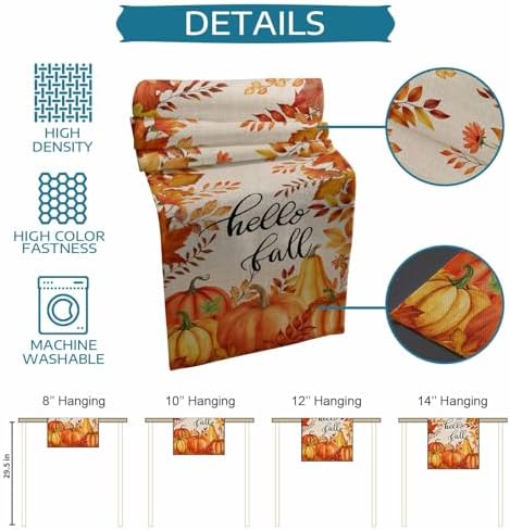 Fall Pumpkin Table Runner Dresser Scarf 13 x 60 Inch Harvest Orange Maple Leaves Table Runners Non-Slip Heat Resistant Kitchen Dining Table Decor for Autumn Thanksgiving Holidays Indoor Outdoor