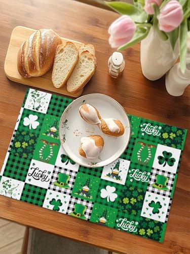 St Patrick's Day Placemats Set of 4,Lucky Shamrock Clover Gnomes Cotton Linen Heat Resistant Table Mats Green Black White Buffalo Gingham Plaid Washable Spring Holidays Decorations For Kitchen Dining