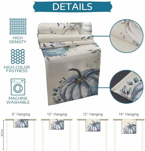 Fall Pumpkin Table Runner Dresser Scarf 13 x 36 Inch White Blue Leaves Rustic Table Runners Non-Slip Heat Resistant Kitchen Dining Table Decor for Autumn Thanksgiving Holidays Indoor Outdoor