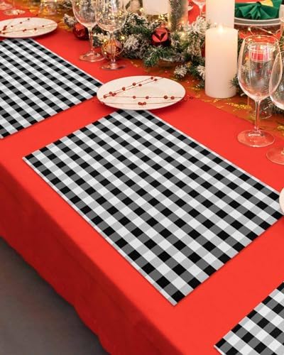Rustic Black White Buffalo Check Plaid Pattern Placemats Set of 6, Farmhouse Heat Resistant Washable Table Place Mats Cotton Table Linens Party Holiday Decor for Kitchen Dining Outdoor Indoor