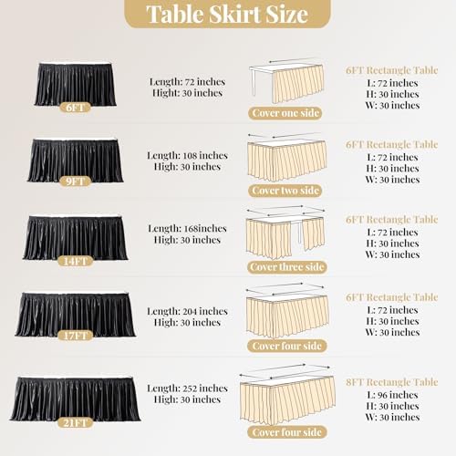 Wish Care 6ft Black Satin Table Skirt for Rectangle Tables Wrinkle Free Teacher Desk Skirt Glitter Ruffle Table Skirting Cloth for Back to School Classroom Office Dorm Birthday Party Table Decor