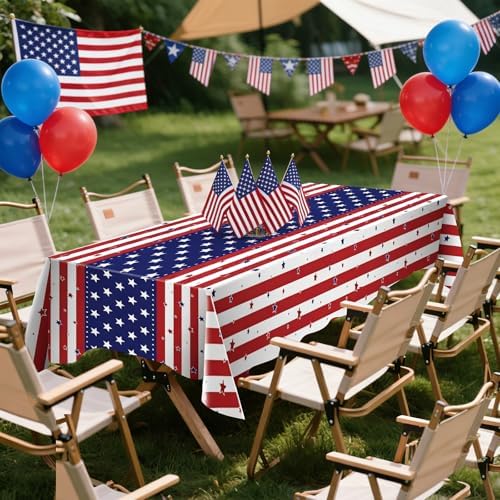 CXPSINC 54 Inch X 300 Feet 4th of July Patriotic Plastic Table Cover Roll Disposable American Flag Tablecloth with Slide Cutter for Veterans Day, Patriotic, Memorial, Fourth of July, Independence