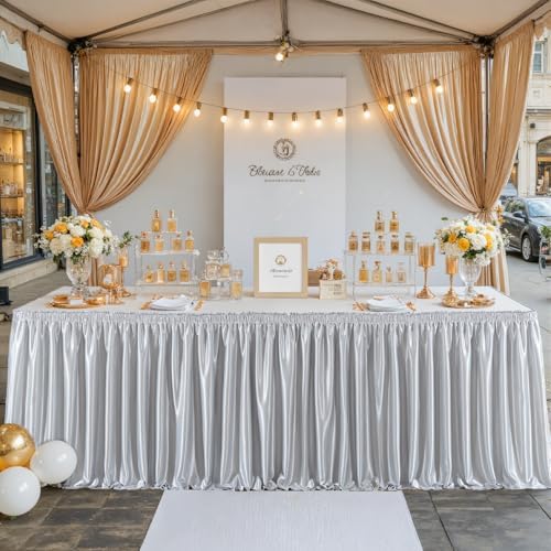 Wish Care 21ft Silver Satin Long Table Skirt for Rectangle Tables Wrinkle Free Teacher Desk Skirt Glitter Ruffle Table Skirting Cloth for Back to School Classroom Office Birthday Party Table Decor