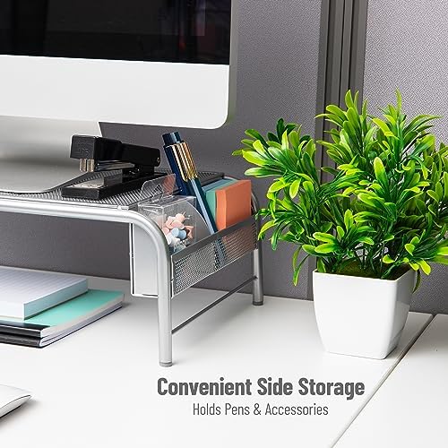 Mind Reader Monitor Stand, Ventilated Laptop Riser, Desktop Organizer, Side Storage, Metal Mesh, 20"L x 11.5"W x 5.5"H, Silver