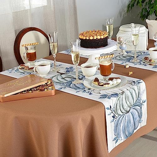 Fall Table Runner Blue Pumpkin Table Runners Harvest Thanksgiving White Blue Pumpkins Wooden Cotton Linen Dresser Scarf Kitchen Dining Table Decor for Autumn Holiday Party Coffee 13x70 Inch