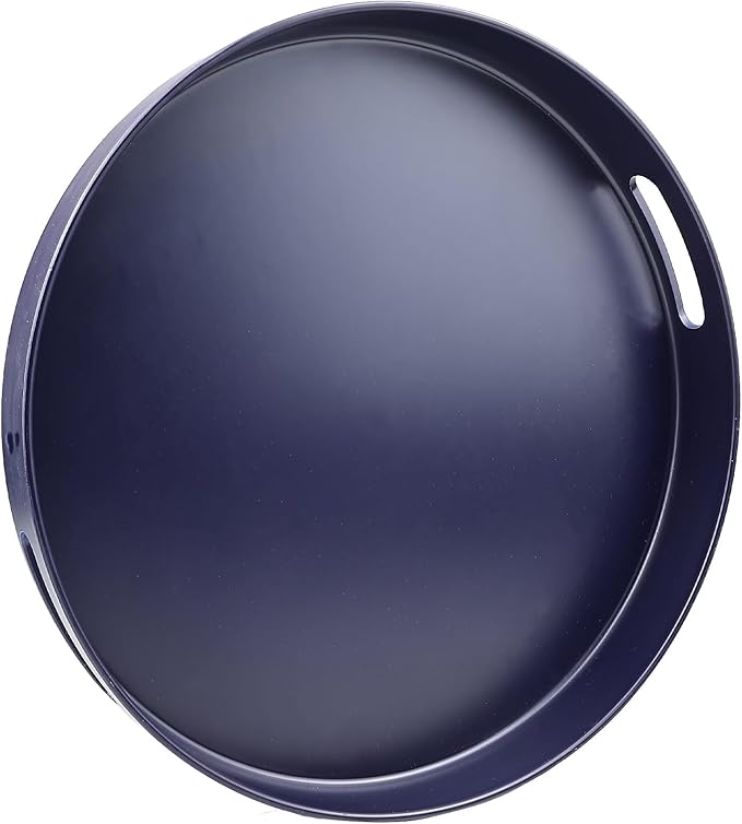 Navy Blue Decorative Serving Tray with Handles, 13” Versatile Ottoman Tray for Coffee Table, Entertaining, Outdoor Patio, Living Room