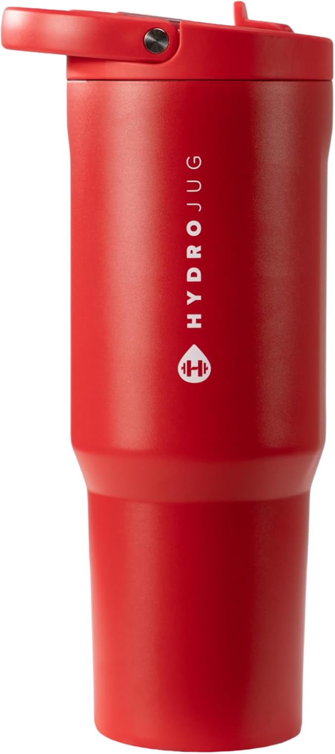 HydroJug Sport - Stainless Steel Tumbler with Straw, Vacuum Insulated, 40oz Leakproof Water Bottle, Ergonomic Design, Reusable, Dishwasher Safe, Rubber Base, Durable for Gym or Outdoors, Alumni Red