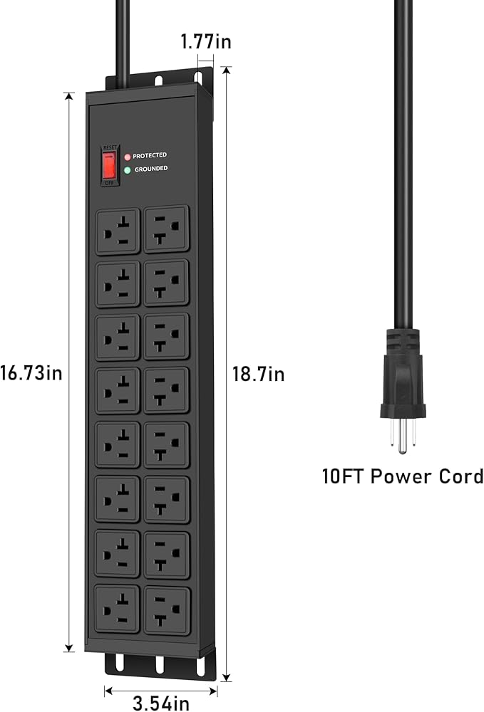 JUNNUJ Heavy Duty 20 Amp Power Strip 4800J, 16 Outlets 12 Gauge Garage Industrial Surge Protector, High Amp 5-15P Adapter Shop 6-20R T-Slot Metal Outlet, 10 FT Extension Cord Commercial for Appliance
