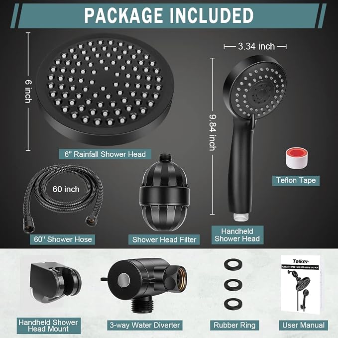 Taiker Filtered Shower Head, High Pressure Rainfall Shower Head/Handheld Shower Filter Combo, Luxury Modern Chrome Plated with 60'' Hose Anti-leak with Holder (Black)