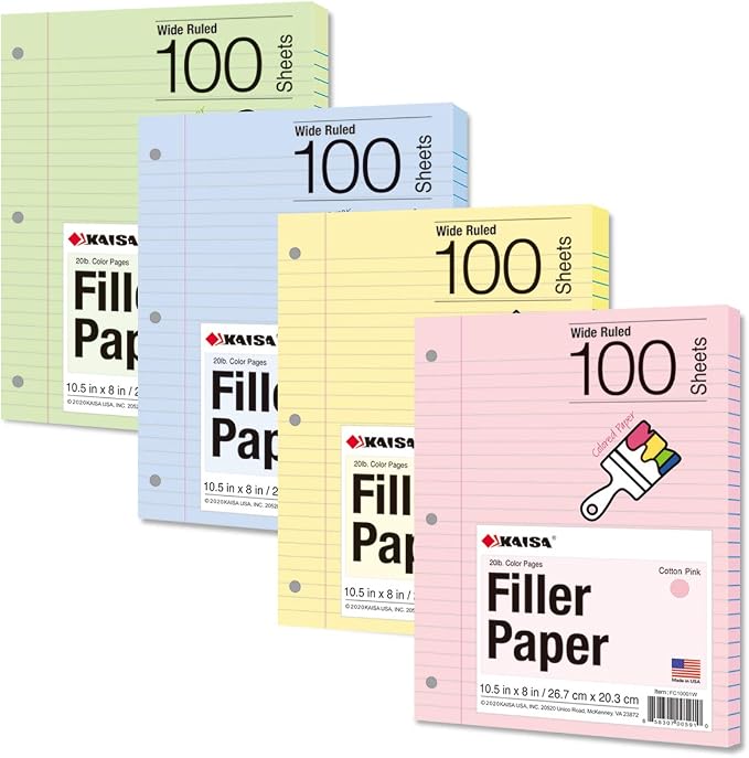 Kaisa Filler Paper Colored loose Leaf Paper, Wide Ruled 8x10.5in Colored Paper, 3-Hole Punched for 3-Ring Binders,100Sheets/pack 4Packs, FC10001W