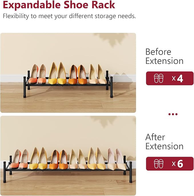 Tajsoon Expandable Shoe Rack for Closet 1 Tier, 28“-41“Adjustable & Stackable Shoe Shelf Storage, Metal Shoe Rack Organizer for Front Door Entrance, Closet, Garage, Entryway, Black