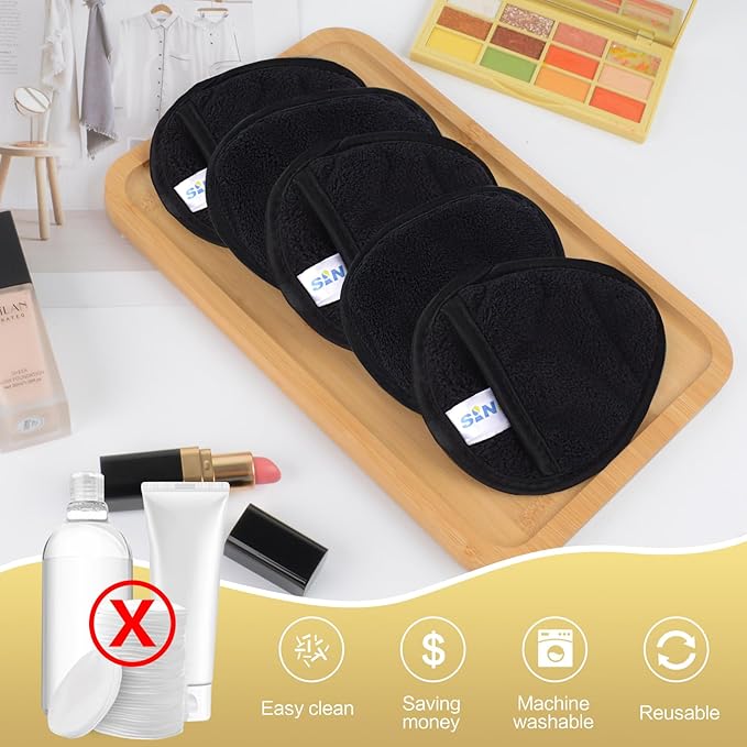 SINLAND Reusable Makeup Remover Pads For Face,Eye,Lips Microfiber Gentle Facial Cleansing Cloths for All Skin Types Friendly for Makeup Remover With Laundry Bag Black Pack of 12