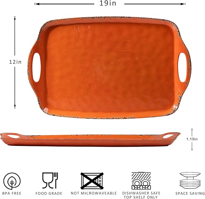 Melamine Serving Tray with Handles, 19“ x 12" Vintage Large Rectangular Melamine Serving Platter for Serving Food, Serving Tray Set of 2, Dishwasher Safe, Orange