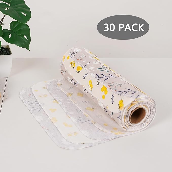 Reusable Dishcloths Kitchen Towels Cotton: 30 Packs 10X10 Washable Roll Paperless Paper Towels Absorbent Dishcloths Set Dish Tea Towel for Kitchen Drying (15Bee+15Daisy, 10×10")