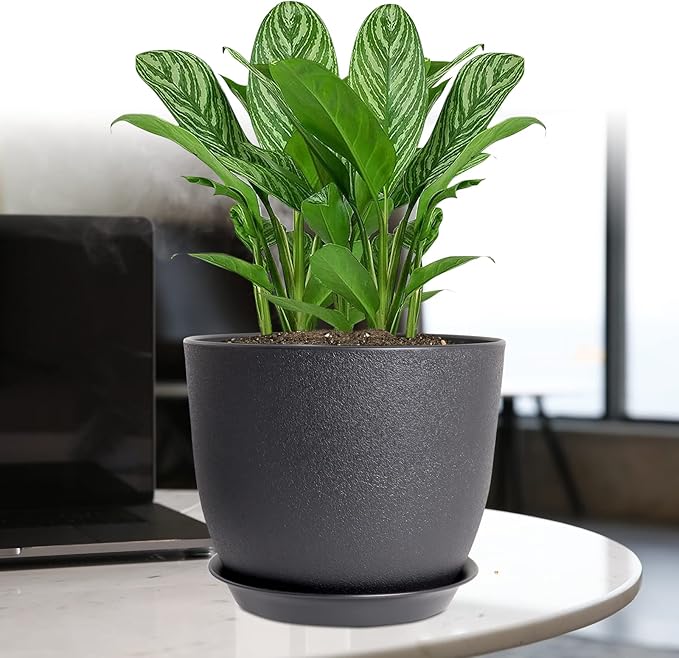 12/10/9 Large Modern Plant Pots, Plastic Planters with Drainage Holes and Saucers for Indoor Outdoor Plants Flowers, Black
