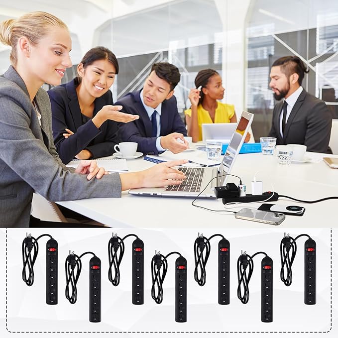 Hoteam 10 Pcs Power Strip Bulk 6 Outlet Surge Protector Power Cord Electrical Extension Cord with Switch Low Profile Plug Flat for Home Office(2 ft,Black)