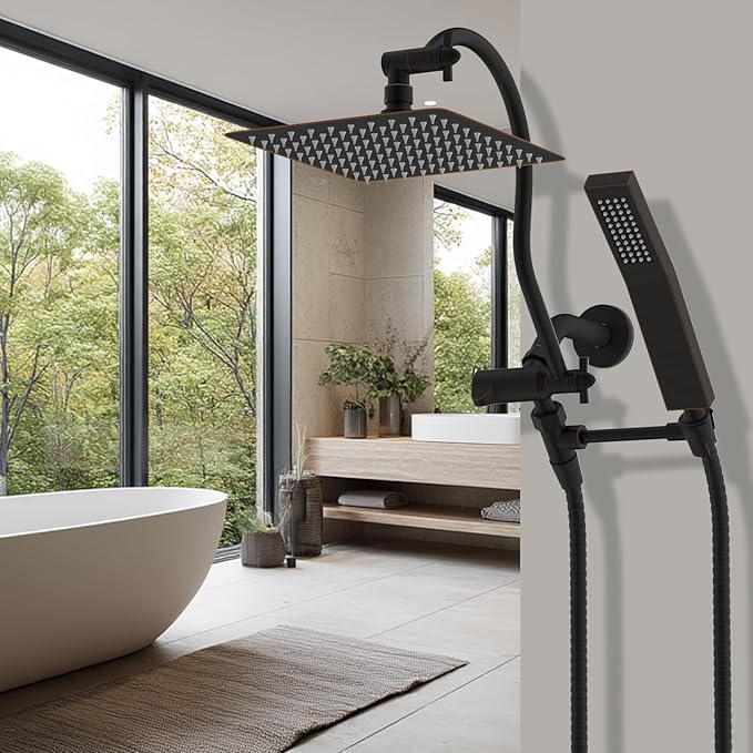 Hibbent All Metal Shower Head, 10'' High Pressure Rainfall Shower Head, Showerhead Combo, Handheld Shower Wand, 12'' Adjustable Curved Extension Arm, 71'' Hose, Shower Head Holder, Oil Rubbed Bronze