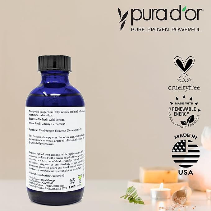 PURA D'OR Organic Lemongrass Essential Oil, 4oz, Therapeutic Grade, for Hair, Body, Skin, Aromatherapy, Relaxation, Massage, Vitality, Home, DIY Soap