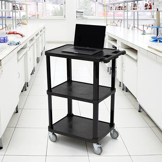 Pearington 3-Tier Compact Multi-Purpose Plastic Utility Cart with Lockable Wheels up to 300LBS, Black