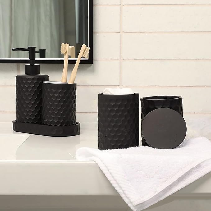 zccz 6 Piece Bathroom Accessories Set, Toothbrush Holder, Toothbrush Cup, Soap Dispenser,Bathroom Vanity Tray, Qtip Holder, Trash Can - Black