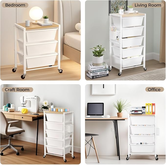 Rolling Cart with 3 Drawers, Plastic Drawer Storage Carts with Lockable Wheels & Wooden Tabletop, Metal Utility Cart Organizer, Office Bedroom Classroom Craft Organization and Storage, Bright White