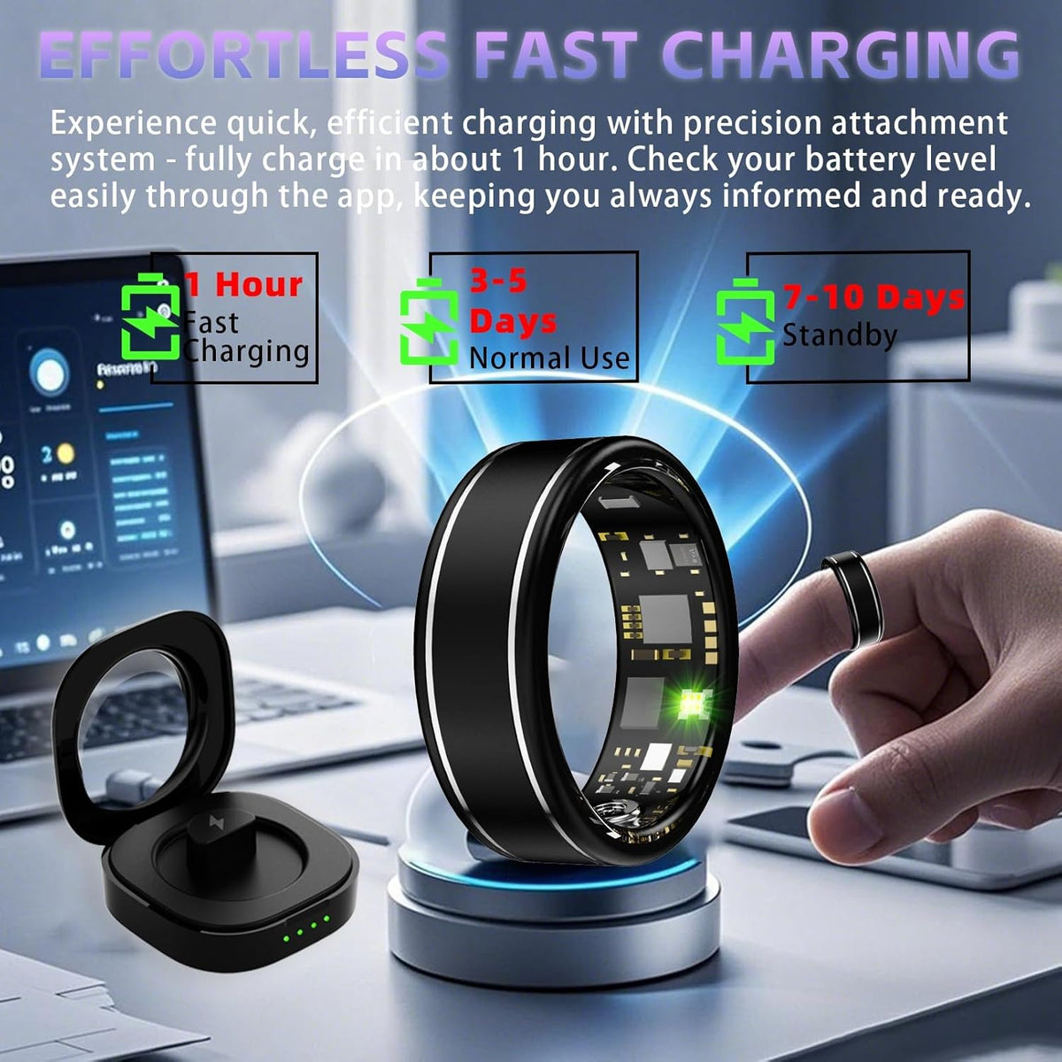Activity Tracker Ring for Men – Smart Ring with Heart Rate, SpO2, Blood Pressure, Sleep Monitoring, Step & Calorie Counter, 5ATM Waterproof, No Subscription Fee (Black, 8)