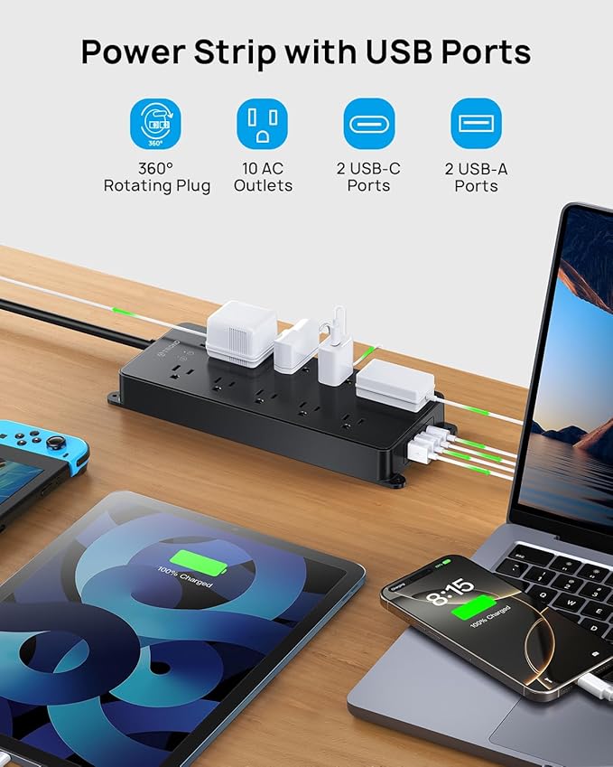 TROND Surge Protector Power Strip 10ft, 360° Rotating Flat Plug, 4000J, ETL Listed, 10 Widely Spaced Outlets, 2 USB A and 2 USB C, Wall Mountable, for Home Office Entertainment, Black