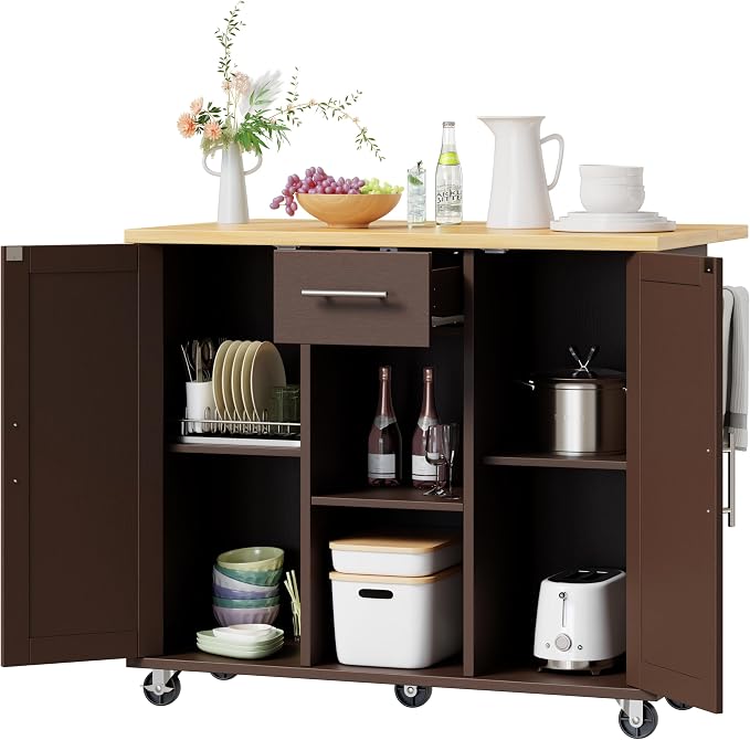 Shintenchi Kitchen Island with Storage, Bar Cart Cabinet Island Table on Wheels, Rolling Microwave Cart for Kitchen with Drop Leaf, Drawers, Towel Rack, Seating Area for Dining Room, Brown
