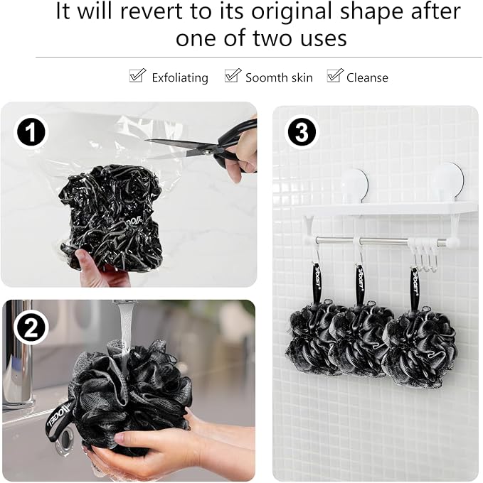 Yoget Bath Loofah Sponge, 4 Pack Black 60G Shower Mesh Ball Soft Pouf Body Scrubber, Exfoliate, Cleanse, Soothe Skin, Black Loofah with White Trim