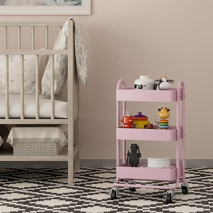 Metal Rolling Cart,3-Tier Pink Rolling Cart with Wheels,Metal Utility Cart with Wheels for Office,Home,Kitchen,Garden(13.4"x18.1"x31") Pink