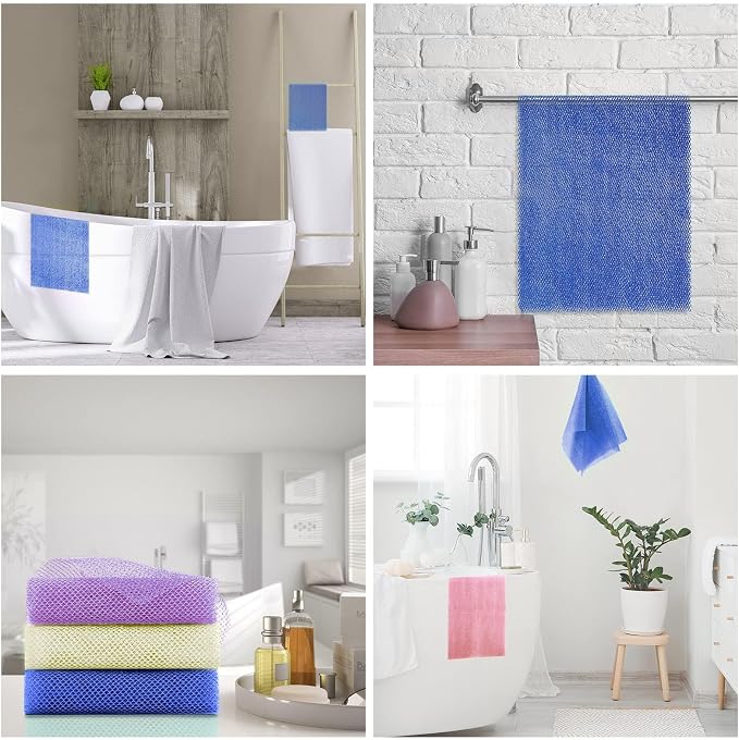 UJFQBH 3 Pieces African Bath Sponge African Net Long Net Bath Sponge Exfoliating Shower Body Scrubber Back Scrubber Skin Smoother,Great for Daily Use (Purple,Blue,Off-White)