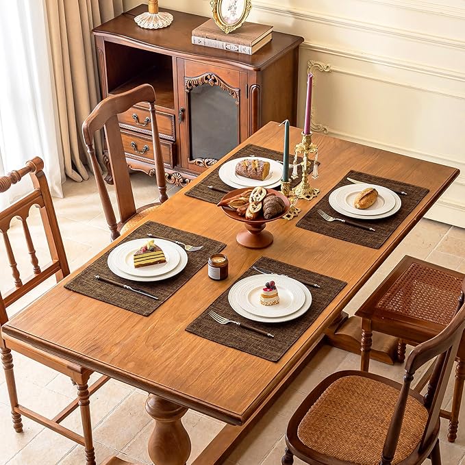 KXN Placemats Set of 4, Dual-Layer Thickened Faux Linen Table Mats, Heat Resistant & Wrinkle-Free, Machine Washable Cloth Place Mats for Kitchen Dining Indoor Outdoor (Brown)