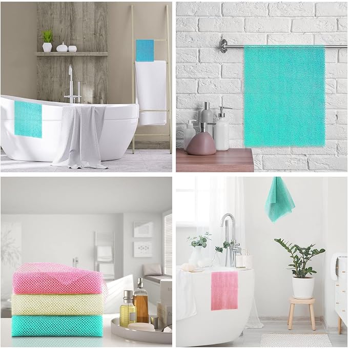 UJFQBH 3 Pieces African Net Sponge, African exfoliating net African Net Long Net Bath Sponge Exfoliating Shower Body Scrubber Back Scrubber Skin Smoother(Pink, Green, Off-White)