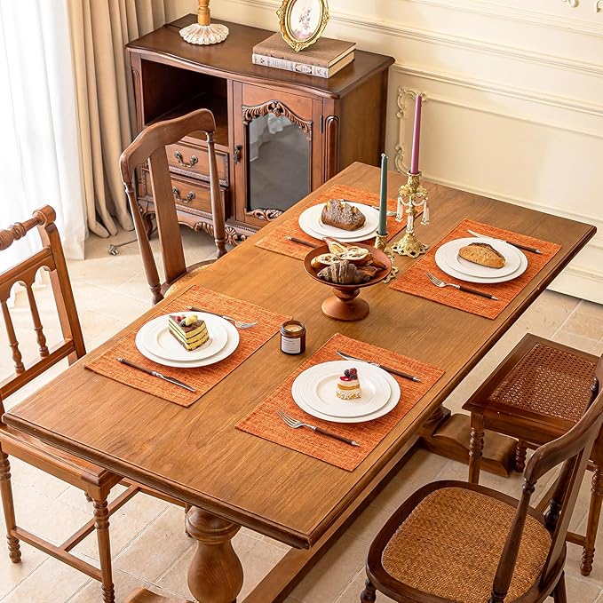 KXN Thanksgiving Placemats Set of 8, Dual-Layer Thickened Faux Linen Table Mats, Heat Resistant & Wrinkle-Free, Machine Washable Cloth Place Mats for Kitchen Dining Indoor Outdoor (Orange)