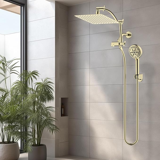 Hibbent All Metal Shower Head, 10'' High Pressure Rain Shower Head, Handheld Showerhead Combo, 16'' Adjustable Shower Extension Arm, 10 Sprays, 71'' Hose, Adhesive Showerhead Holder, Polished Brass