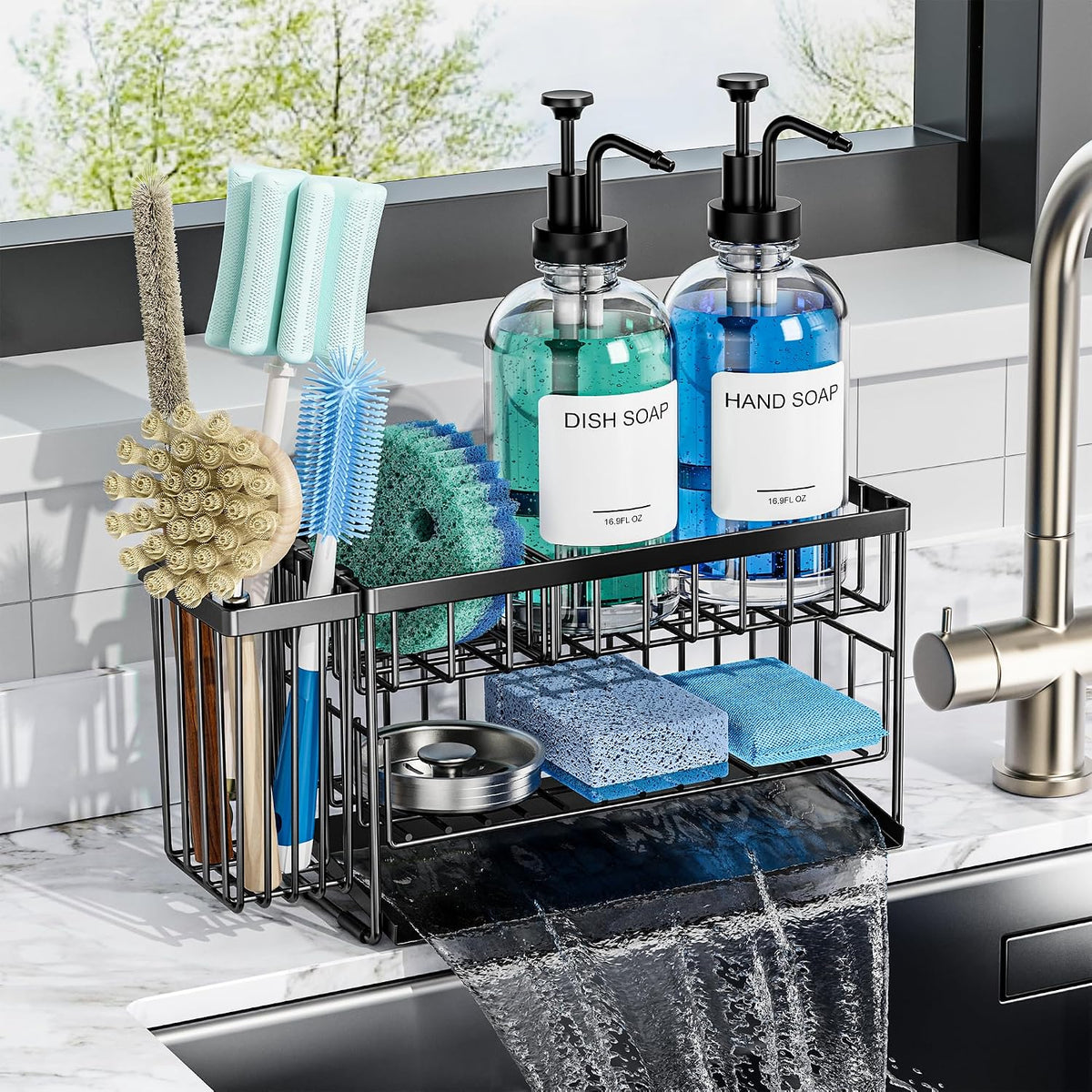 Kitchen Soap Dispenser Set with 2 Tier Sink Caddy with 17oz Glass Bottle | Large Capacity, Automatically Drains Water and Includes a Brush Holder for Storing Long Brushes