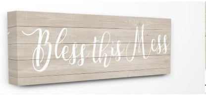 Stupell Industries Bless This Mess Family Home Inspirational Word Textured Wood Design Stretched Canvas Wall Art by Anna Quach, 10 x 1.5 x 24, Multi-Color