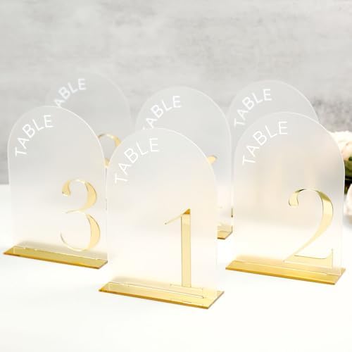 Frosted Arch Wedding Table Numbers 1-10, Gold Numbers and Stands