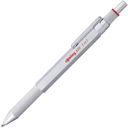 rOtring 600 3-in-1 Multicolor Pen and Mechanical Pencil, Switches Between 2 Ballpoint Pen Fine Point Tips (Black and Red Ink) and 1 Mechanical Pencil Tip (0.5mm Lead), Silver Barrel